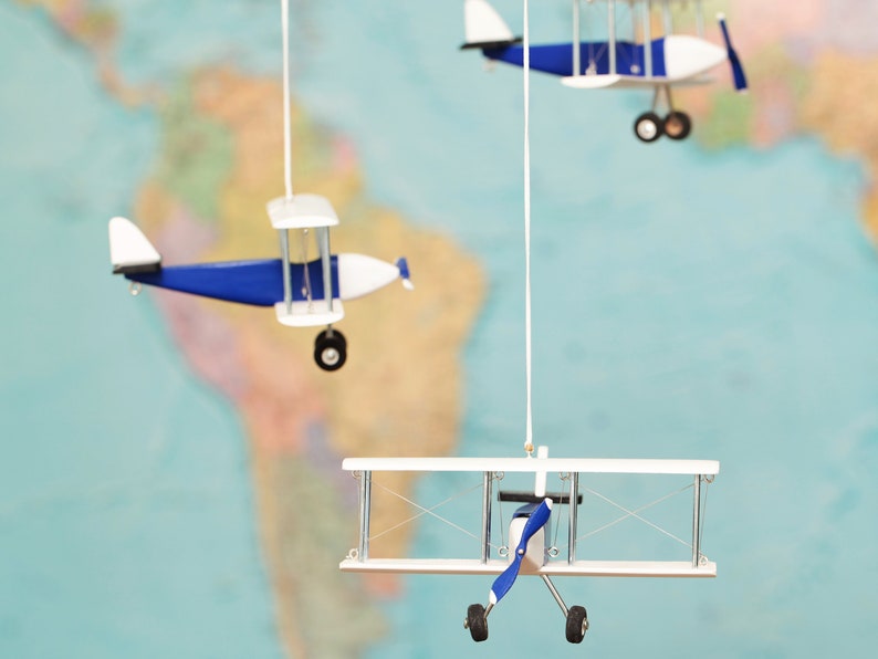 Airplane baby mobile, 4 Blue White Black Hanging planes, Decorative wooden airplane, Travel theme nursery, baby shower gift, Nursery Decor image 3