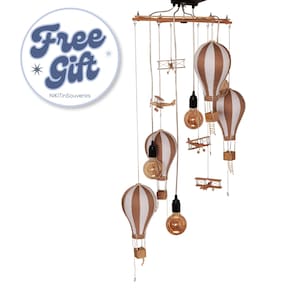 Airplane and Hot Air Balloon Kids Chandelier, Handmade Wooden Nursery Light