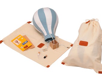 Handmade Hot Air Balloon Nursery Decor, Sky Blue White Textile Aerostat