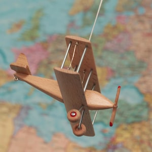 Beech Hanging Airplane Mobile, Decorative Wooden Airplane for Travel Theme Nursery, 5 inches Beech