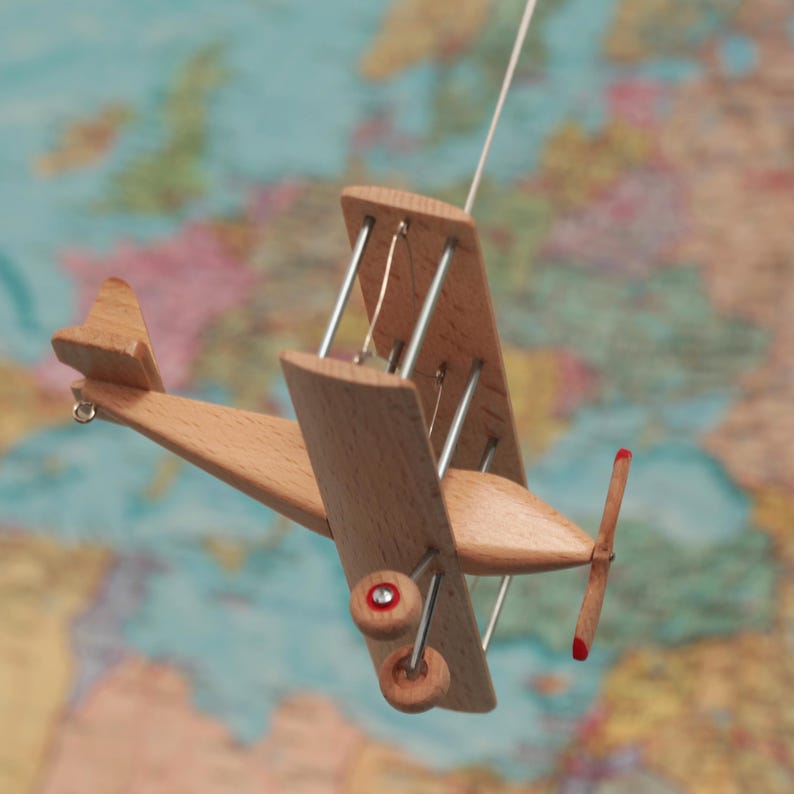 Beech Hanging Airplane Mobile, Decorative Wooden Airplane for Travel Theme Nursery, 5 inches Beech