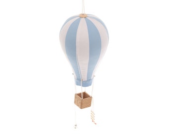 Hot Air Balloon, Fabric Air Balloons, Wooden basket, Travel theme nursery, Sky Blue White, Hanging nursery decor, Aerostat, balloonist gift