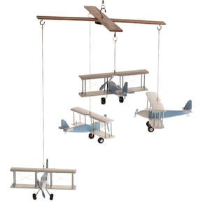 Giostrina per neonati a forma di aereo, 4 aerei sospesi bianchi e azzurri, aereo decorativo in legno, cameretta a tema viaggio, regalo per baby shower, decorazioni per la cameretta