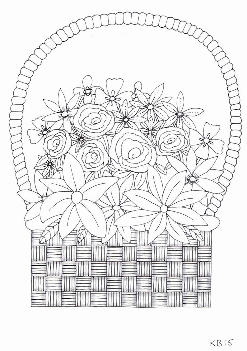 Adult Colouring Page Basket of Flowers Etsy