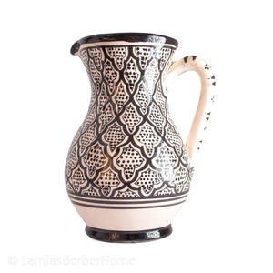 Large Handmade Ceramic Jug Vase with Handle: Black & White Berber Art Pottery and Drinkware