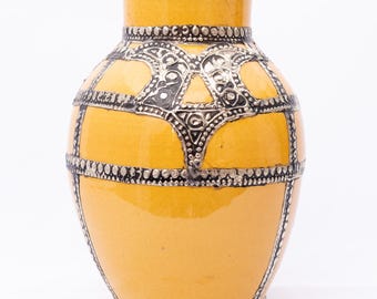 Handmade Yellow Moroccan Vase – Glazed Ceramic Metal Accent Statement Decor