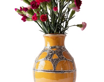 Yellow Moroccan Handmade Vase, Handpainted Glazed Clay Pottery Vase, Decorative Ceramic Vase, Flower Vase, New Home Gift, Table Top Decor
