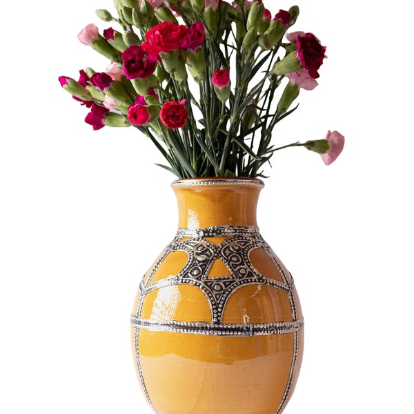 Vase marocain jaune fait à la main, vase en poterie en argile glacée peint à la main, vase décoratif en céramique, vase à fleurs, cadeau de nouvelle maison, décor de table