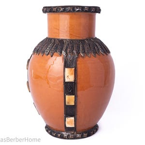 Handmade Moroccan Vase, Brown Clay with Bone Inlay & Metal Accent
