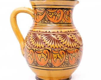 Hand Carved Ceramic Jug Vase with handle - Yellow Glazed Drinkware, Home Decor