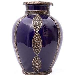 Blue Moroccan Vase: Handmade Glazed Ceramic Pottery with Metal Sleeve
