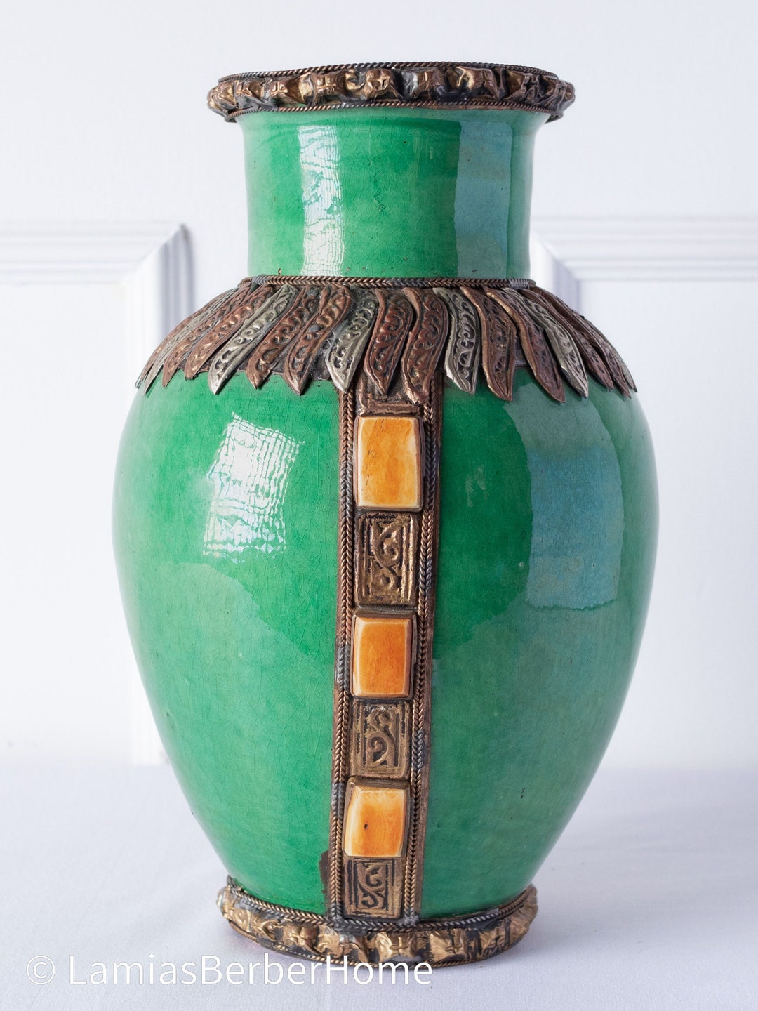 Green Pottery Vase, Decorative Ceramic Vase, Handmade Berber Vase