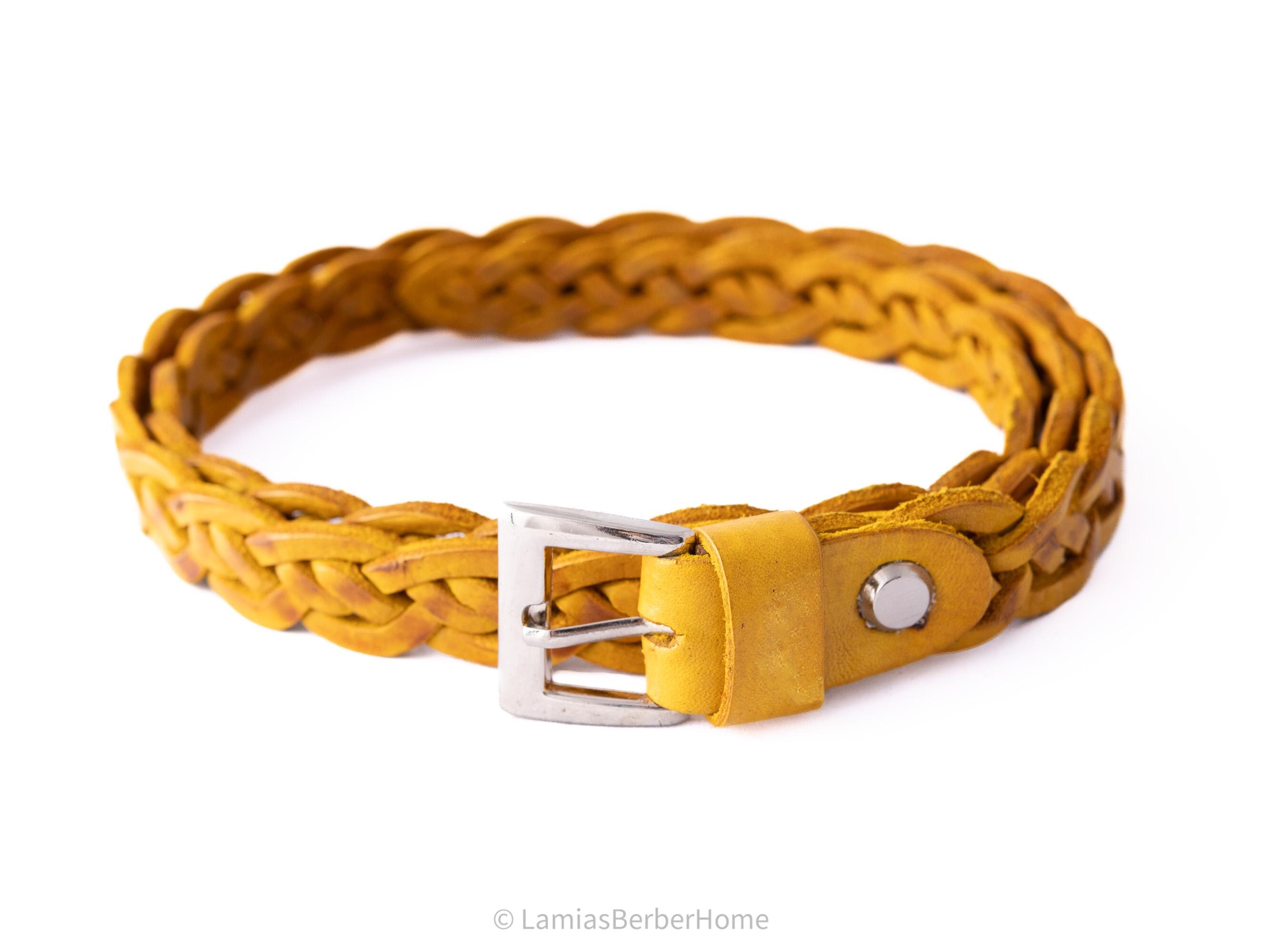 Benheart Thin Braided Leather Belt - Mustard Yellow & Silver Buckle Vintage Mustard Yellow Braided Leather Belt With Classic  main image 4