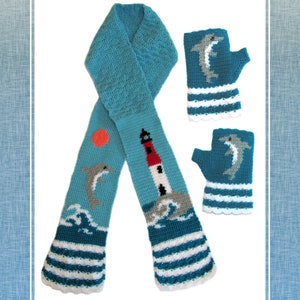 May include: A teal blue crocheted scarf and fingerless gloves set with a lighthouse, dolphin, and ocean wave design. The scarf has white and teal stripes at the bottom and the gloves have white and teal stripes at the wrist.