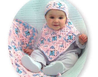 Crochet Pattern Download - Butterfly Baby Poncho Set - Granny Square Baby Afghan, Poncho and Hat Set