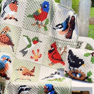 Peut inclure: Une couverture au crochet représentant une variété d'oiseaux colorés, dont un cardinal, un colibri et un geai bleu. La couverture est réalisée avec un point texturé et possède une bordure au crochet.