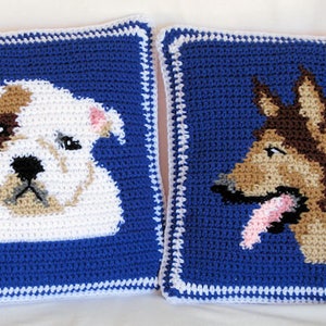 Matching Crochet Cuddly Canine Pillows with Bulldog and German Shepherd