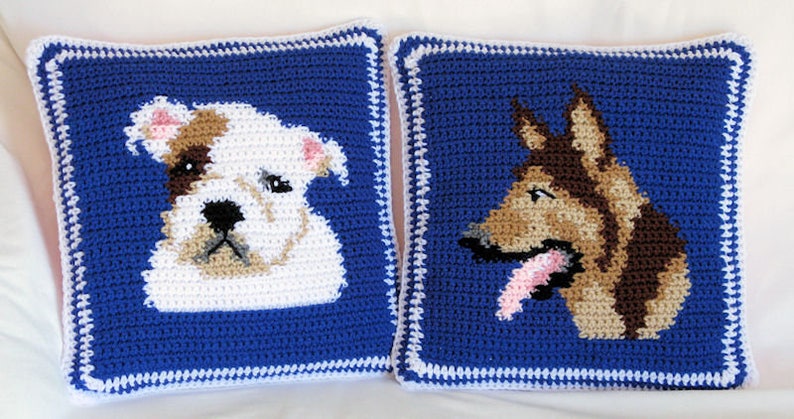 Matching Crochet Cuddly Canine Pillows with Bulldog and German Shepherd