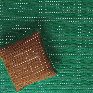 May include: A brown crocheted pillow with white stitching on a green crocheted background.