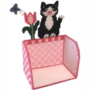 Inside of Tuxedo Kitty Perpetual Calendar holder made with 10-count plastic canvas.