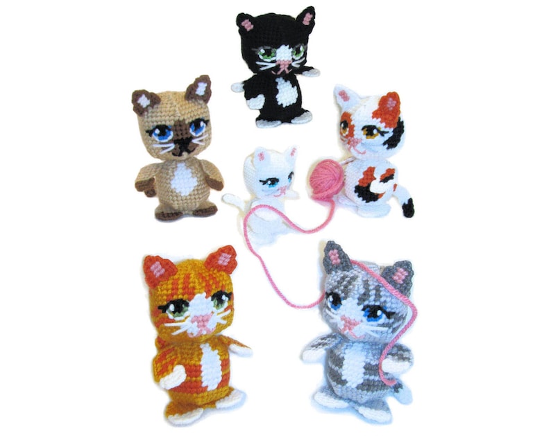 Plastic Canvas Amigurumi Kittens Calico, Tiger, Siamese, Tuxedo and more