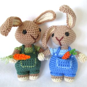 May include: Two crocheted bunny toys wearing overalls and holding carrots. One bunny is wearing green overalls and the other is wearing blue overalls.