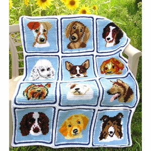 Crochet Cuddly Canines Afghan with 12 Dogs including Collie, Poodle, Lab, Dachshund, Yorkie, Spaniel and more.