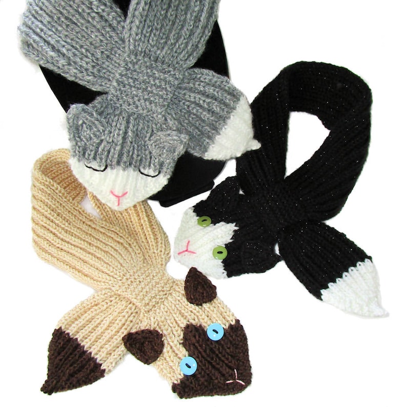 Trio of Knit Kitty Keyhole Scarves in 3 styles.