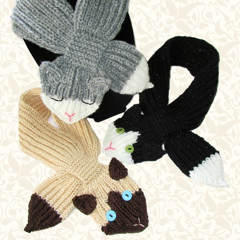 Brioche Knit Kitty Scarf Trio of Kitties