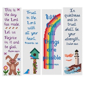 May include: Three colorful bookmarks with inspirational quotes and images. The first bookmark features a brown bunny rabbit with a green flower and the quote "This is the day the Lord has made. Let us rejoice in it and be glad. Psalm 118:24". The second bookmark features a blue bird in a green birdhouse with the quote "Trust in the Lord with all your heart. Proverbs 3:5". The third bookmark features a rainbow with the quote "With God all things are possible. Matthew 19:26" and a lighthouse with the quote "In quietness and in trust shall be your strength. Isaiah 30:15".