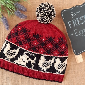 Modèle de tricot à télécharger - Bonnet campagnard poulet - Bonnet Fair Isle avec poulets et carreaux