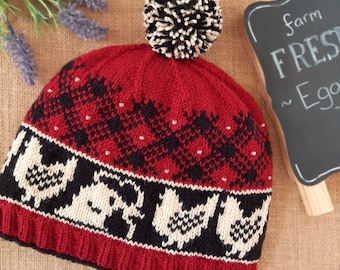 Knit Pattern Download - Chicken Country Hat - Fair Isle Hat featuring Chickens and Plaid