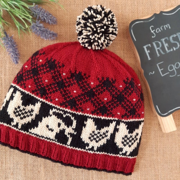 Knit Pattern Download - Chicken Country Hat - Fair Isle Hat featuring Chickens and Plaid