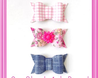 Floral and Chambray Chunky Hair Bow Trio