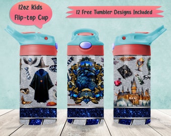 Wizard House 12oz Kids Tumbler Wrap PNG Sublimation Designs, Wizard Magic 12oz Flip-Top Wrap PNG, Wizard School 12oz Sippy Cup PNG