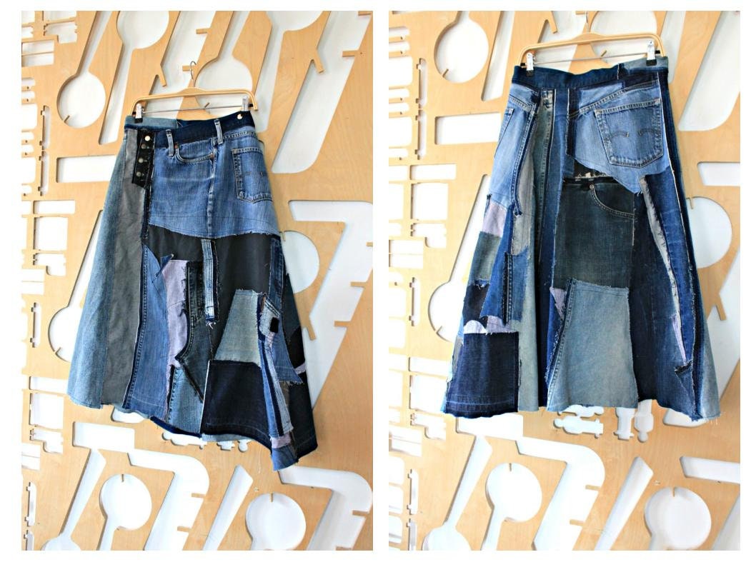 patchwork denim wrap skirt