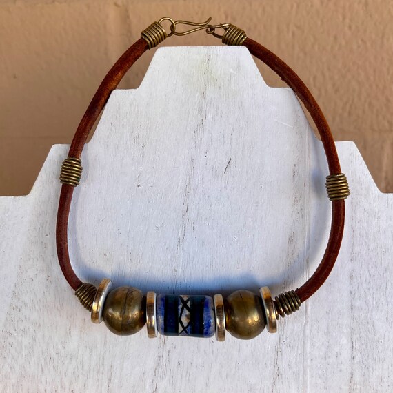 Vintage Leather Band Choker Necklace with Metal a… - image 3
