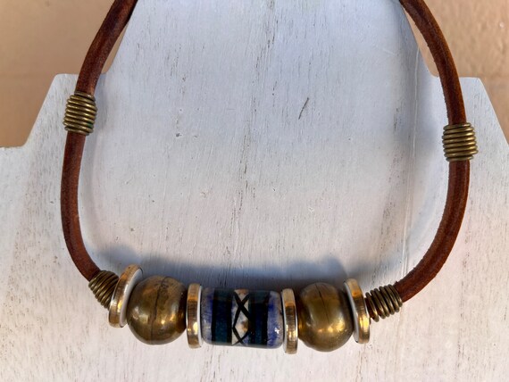 Vintage Leather Band Choker Necklace with Metal a… - image 4