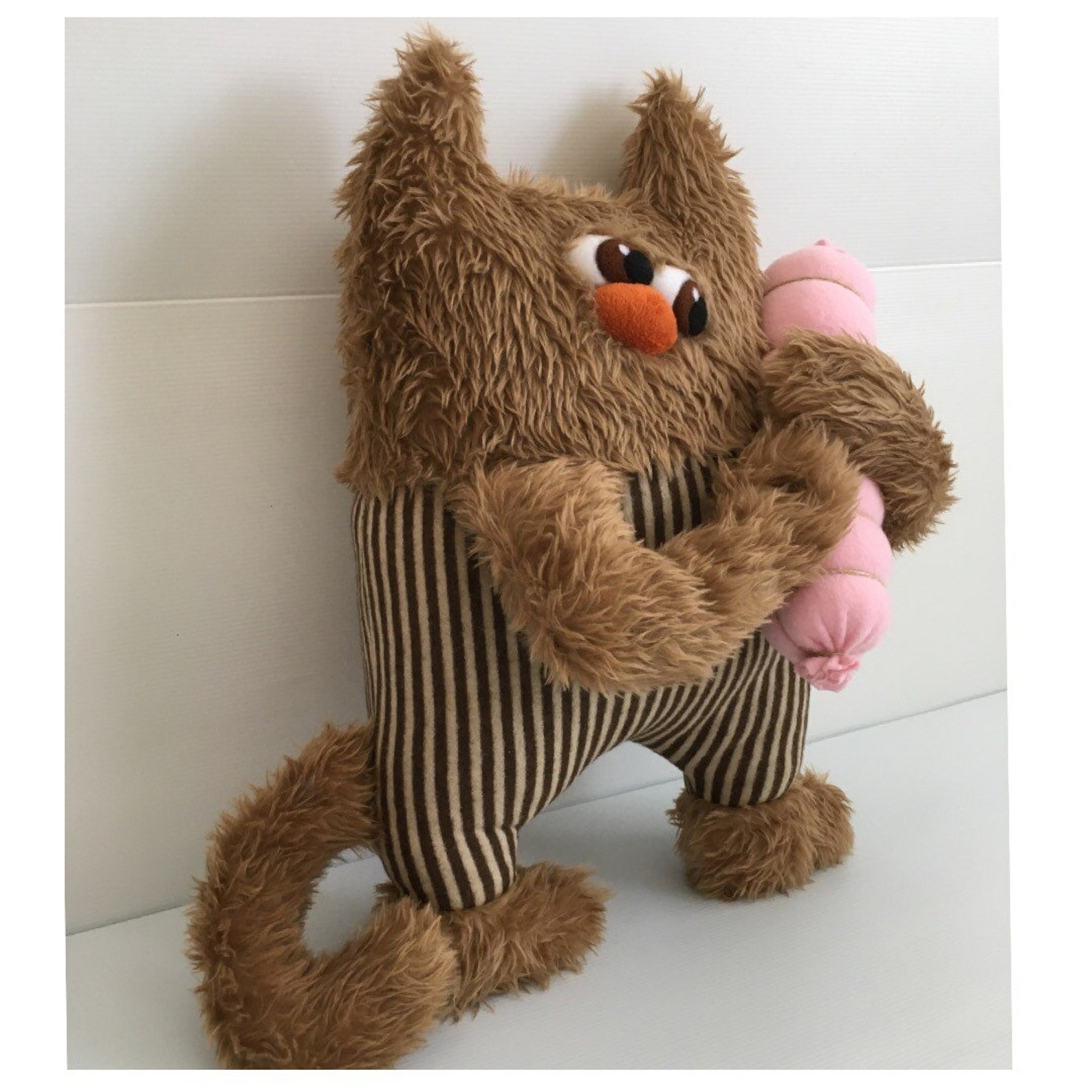 Shaggy plush cat with sausage Comical stuffed cat Interior Etsy