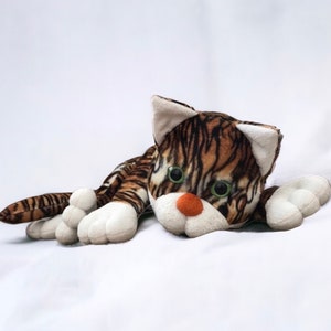 Striped plushie cat, Tabby cat plush, Handmade stuffed cat, Cute cat with green eyes