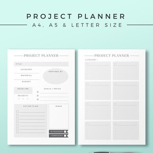 Könnte beinhalten: Eine druckbare Projektplanvorlage in Schwarzweiß mit dem Text "PROJECT PLANNER" oben. Die Vorlage enthält Abschnitte für Titel, Kategorie, Material, Budget, Frist, Priorität, Ziele/Fokus, Aktionsplan und Ideen. Die Vorlage enthält auch Kontrollkästchen für Aufgaben, die in Bearbeitung sind und abgeschlossen sind.