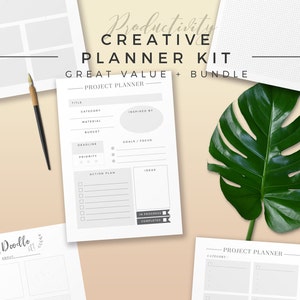 Könnte beinhalten: Ein druckbares Planer-Set mit einem Projektplaner, Doodle-Seiten und einer Rasterseite. Der Projektplaner enthält Abschnitte für Titel, Kategorie, Material, Budget, Frist, Priorität, Ziele, Fokus, Aktionsplan und Ideen. Die Doodle-Seiten haben Raster- und Linienabschnitte. Die Rasterseite hat ein Rastermuster.