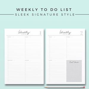May include: A white weekly to-do list with a sleek design. The list is divided into two pages, with sections for each day of the week. A pencil with a pink eraser rests at the bottom. The text "WEEKLY TO DO LIST - SLEEK SIGNATURE STYLE" is at the top.