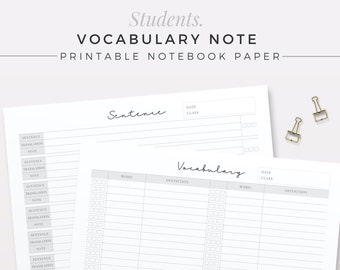 STUDENTS Voca Note Template, Printable Note Inserts, Vocabulary Notebook, Simple Study Journal, Printable Planner Page, Language Sheet