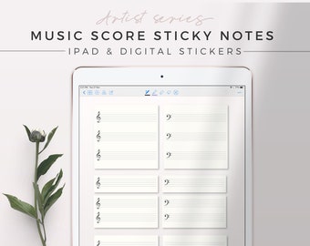 May include: A digital tablet displaying a set of six white music score sticky notes. The notes are designed for use with an iPad or other digital devices. The text "Artist series MUSIC SCORE STICKY NOTES IPAD & DIGITAL STICKERS" is displayed at the top of the image. The text "PAPERLYPLANNERS ON ETSY.COM" is displayed at the bottom of the image.