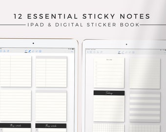 May include: Two white iPad screens displaying 12 digital sticky notes. The notes are in various styles, including lined, gridded, and blank. The text "12 ESSENTIAL STICKY NOTES" and "IPAD & DIGITAL STICKER BOOK" is displayed at the top of the image.