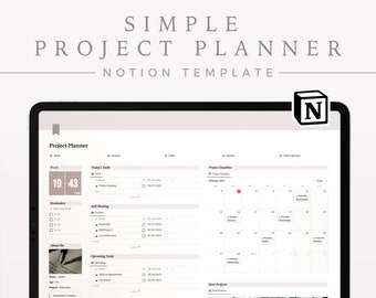 Modèle de notion de planificateur de projet SIMPLE | Suivi de projet Notion, modèle esthétique, tableau de bord du planificateur d'objectifs, gestion de projet, liste de tâches