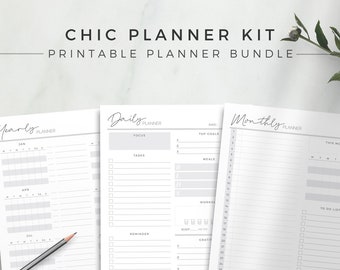 Chic Planner Kit | Utskrivbart planeringspaket, odaterade planeringsinlägg, odaterad planeringspåfyllningssida, daglig planerare, månadsagenda, kalender