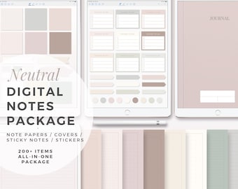 NEUTRAAL Digitaal notitiepakket | Sjabloonbundel iPad-notitie, Aesthetic Digital planner, notebookhoezen, GoodNotes-stickers, digitale notities