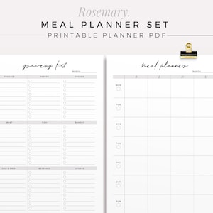 May include: Printable meal planner set with a grocery list. The planner includes a weekly meal planner and a grocery list with sections for produce, pantry, frozen, meat, fish, bakery, deli & dairy, beverage, and others.